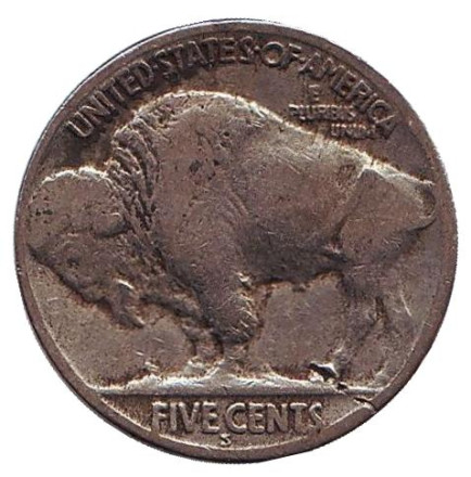 Монета 5 центов. 1927 год (S), США. Бизон. Индеец.
