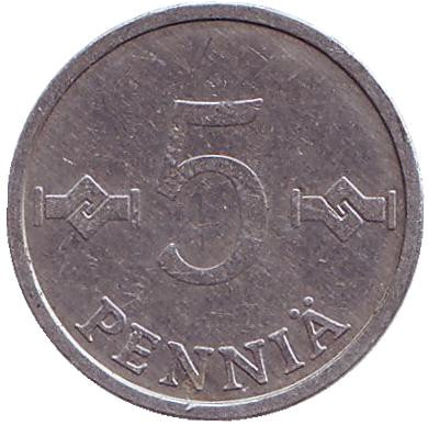 Монета 5 пенни. 1987 год, Финляндия.