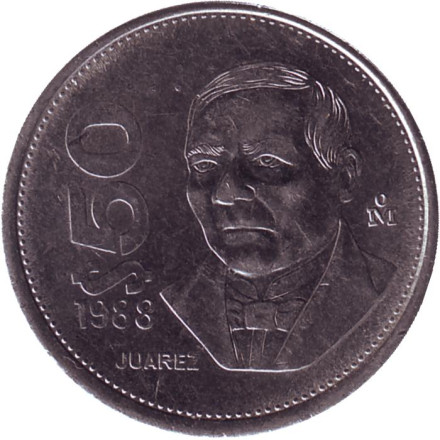 Монета 50 песо. 1988 год, Мексика. Тип 2 (сталь). Бенито Хуарес.