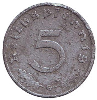Монета 5 рейхспфеннигов. 1941 год (G), Третий Рейх (Германия). 