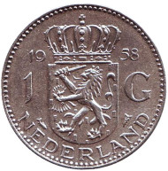Монета 1 гульден. 1958 год, Нидерланды. Монета 1 гульден. 1958 год, Нидерланды.