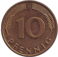 Дубовые листья. Монета 10 пфеннигов. 1995 год (G), ФРГ.