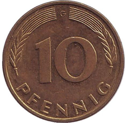 Монета 10 пфеннигов. 1995 год (G), ФРГ. Дубовые листья.