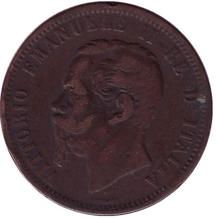 Монета 10 чентезимо. 1866 год, Италия. "OM, точка перед "OM" Виктор Эммануил II.