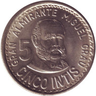 Монета 5 инти. 1988 год, Перу. Мигель Грау. Монета 5 инти. 1988 год, Перу. Мигель Грау.