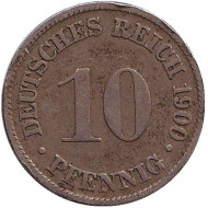 Монета 10 пфеннигов. 1900 год (D), Германская империя. Монета 10 пфеннигов. 1900 год (D), Германская империя.