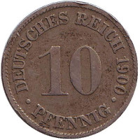 Монета 10 пфеннигов. 1900 год (D), Германская империя.