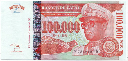 Банкнота 100.000 новых заиров. 1996 год, Заир. Мобуту Сесе Секо.