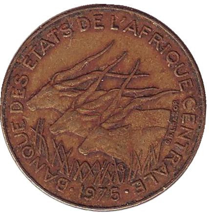 Монета 5 франков. 1975 год, Центральные Африканские штаты. Африканские антилопы. (Западные канны).