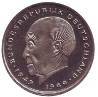 Конрад Аденауэр. Монета 2 марки. 1978 год (F), ФРГ. UNC.