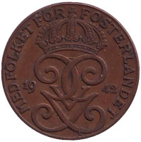 Монета 2 эре. 1942 год, Швеция. Бронза.