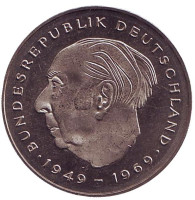 Теодор Хойс. Монета 2 марки. 1983 год (G), ФРГ. UNC.