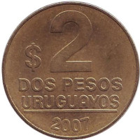Монета 2 песо. 2007 год, Уругвай.