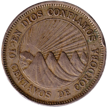 Монета 10 сентаво. 1965 год, Никарагуа.