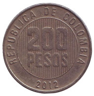 Монета 200 песо. 2012 год, Колумбия. Старый тип. Монета 200 песо. 2012 год, Колумбия. Старый тип.