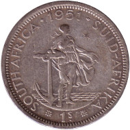 Монета 1 шиллинг. 1951 год, ЮАР. Монета 1 шиллинг. 1951 год, ЮАР.