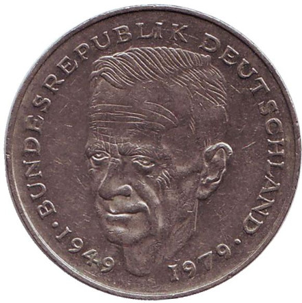 Монета 2 марки. 1987 год (D), ФРГ. Из обращения. Курт Шумахер.