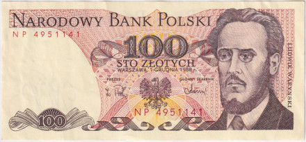 Банкнота 100 злотых. 1988 год, Польша. Людвиг Варынский.