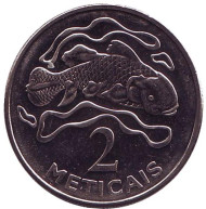 Монета 2 метикала. 2006 год, Мозамбик. Латимерия. Монета 2 метикала. 2006 год, Мозамбик. Латимерия.