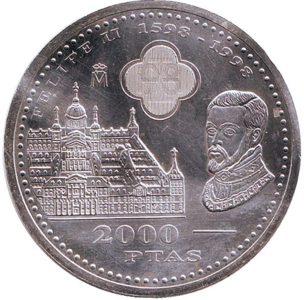 Монета 2000 песет. 1998 год, Испания. 400 лет со дня смерти Филиппа II.