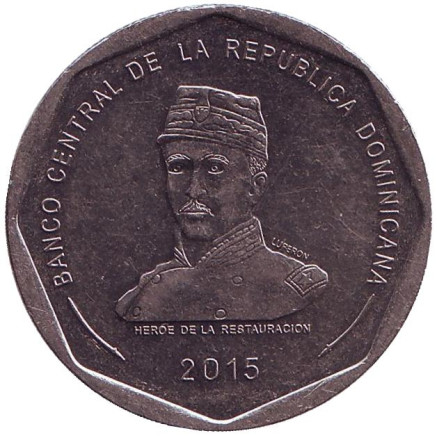 Монета 25 песо. 2015 год, Доминиканская Республика. Грегорио Луперон.