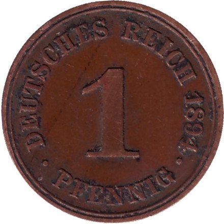 Монета 1 пфенниг. 1894 год (А), Германская империя.