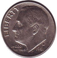 Рузвельт. Монета 10 центов. 1981 (D) год, США.
