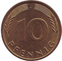 Дубовые листья. Монета 10 пфеннигов. 1995 год (J), ФРГ.