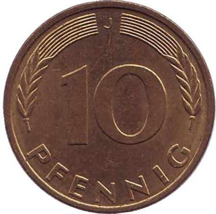 Монета 10 пфеннигов. 1995 год (J), ФРГ. Дубовые листья.