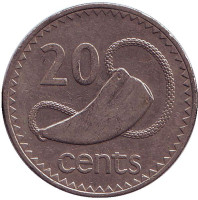 Культовый атрибут Tabua (зуб кита) на плетеном шнурке. Монета 20 центов. 1980 год, Фиджи.