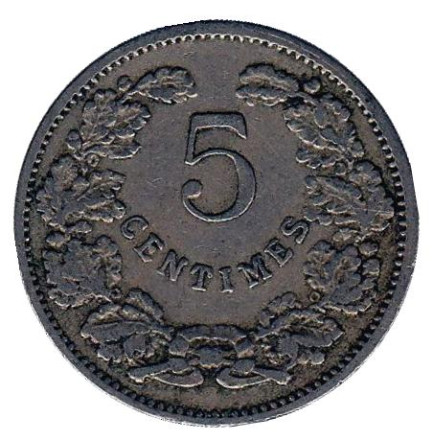 Монета 5 сантимов. 1908 год, Люксембург.