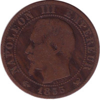Наполеон III. Монета 5 сантимов. 1855 год (W), Франция.