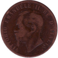 Виктор Эммануил II. Монета 10 чентезимо. 1867 год, Италия. "OM, точка перед "OM" 