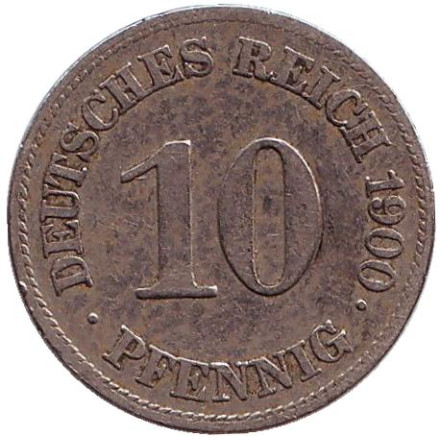 Монета 10 пфеннигов. 1900 год (E), Германская империя.
