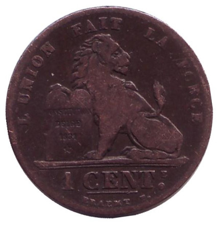 Монета 1 сантим. 1882 год, Бельгия. (Des Belges)