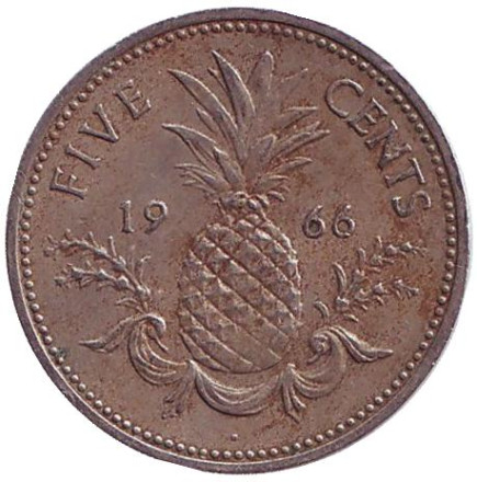 Монета 5 центов. 1966 год, Багамские острова. Ананас.