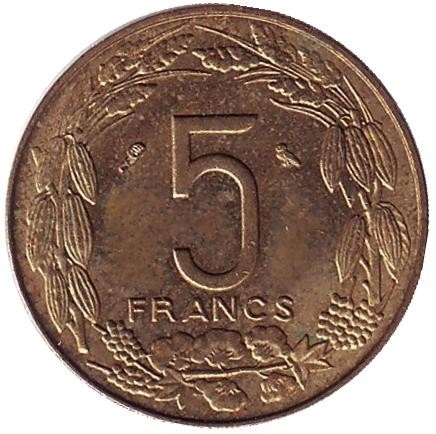 Монета 5 франков. 1972 год, Камерун. Африканские антилопы. (Западные канны). Монета 5 франков. 1972 год, Камерун. Африканские антилопы. (Западные канны).