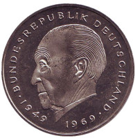 Конрад Аденауэр. Монета 2 марки. 1983 год (G), ФРГ. UNC.