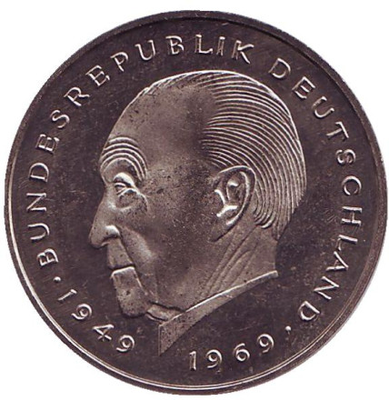 Монета 2 марки. 1983 год (G), ФРГ. UNC. Конрад Аденауэр.