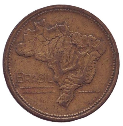 Монета 1 крузейро. 1950 год, Бразилия. Карта Бразилии.