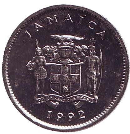 Монета 5 центов. 1992 год, Ямайка. Острорылый крокодил. Монета 5 центов. 1992 год, Ямайка. Острорылый крокодил.