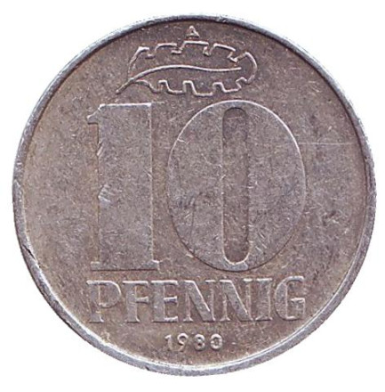 Монета 10 пфеннигов. 1980 год, ГДР.