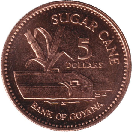 Монета 5 долларов, 2019 год, Гайана. Сахарный тростник.