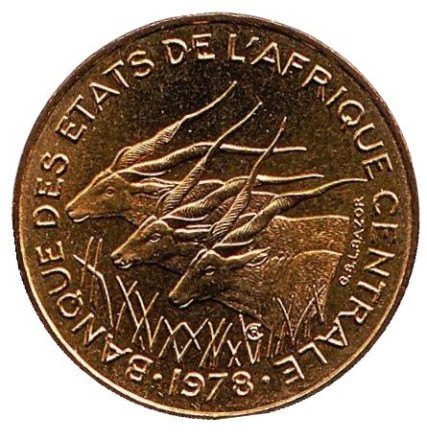 Монета 5 франков. 1978 год, Центральные Африканские штаты. aUNC. Африканские антилопы. (Западные канны).