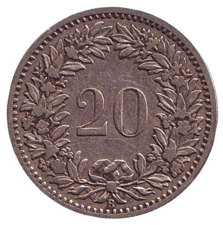 Монета 20 раппенов. 1891 год, Швейцария.
