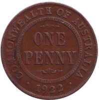 Монета 1 пенни. 1922 год, Австралия. 