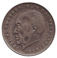 Монета 2 марки. 1969 год (G), ФРГ. Конрад Аденауэр. Монета 2 марки. 1969 год (G), ФРГ. Конрад Аденауэр.