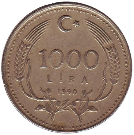 Монета 1000 лир. 1990 год, Турция.