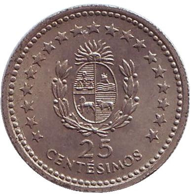 Монета 25 сентесимо. 1960 год, Уругвай.
