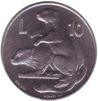 Любовь у животных. Сурки. Монета 10 лир. 1975 год, Сан-Марино.